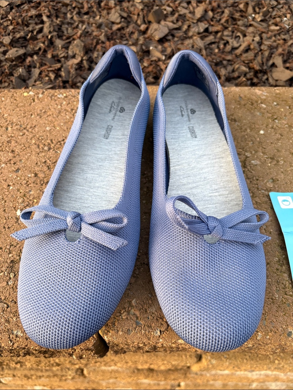 Clark’s cloudsteppers Comfort Knit Ballet Flats in dusty blue with bow detail